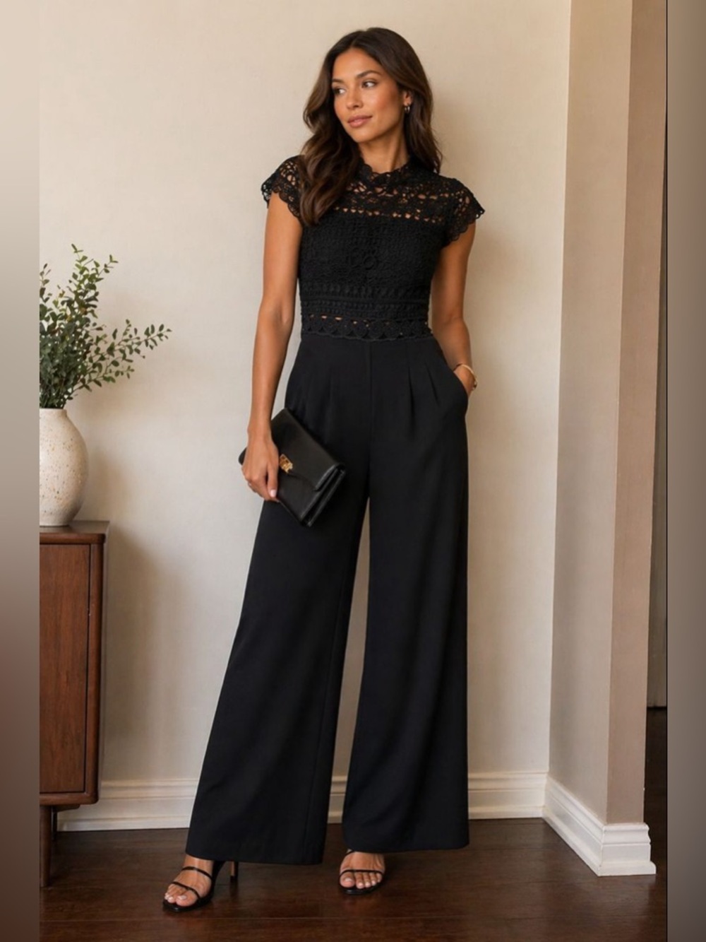 Love x Design Black Crochet Bodice Wide-Leg Jumpsuit. Size small